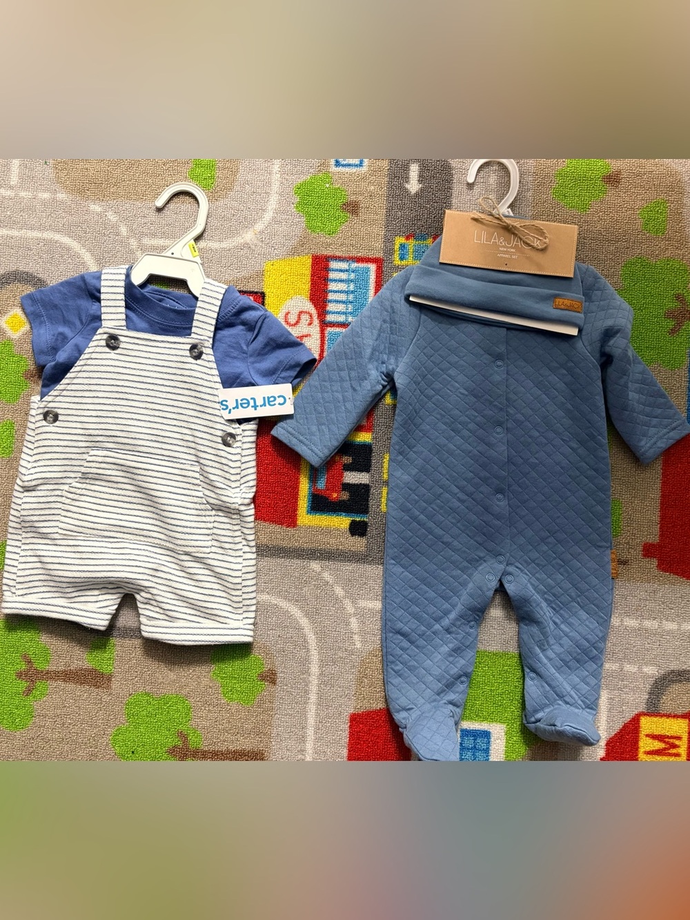3M Baby Boy Short Overalls & 3-6M Footie Pajamas and hat